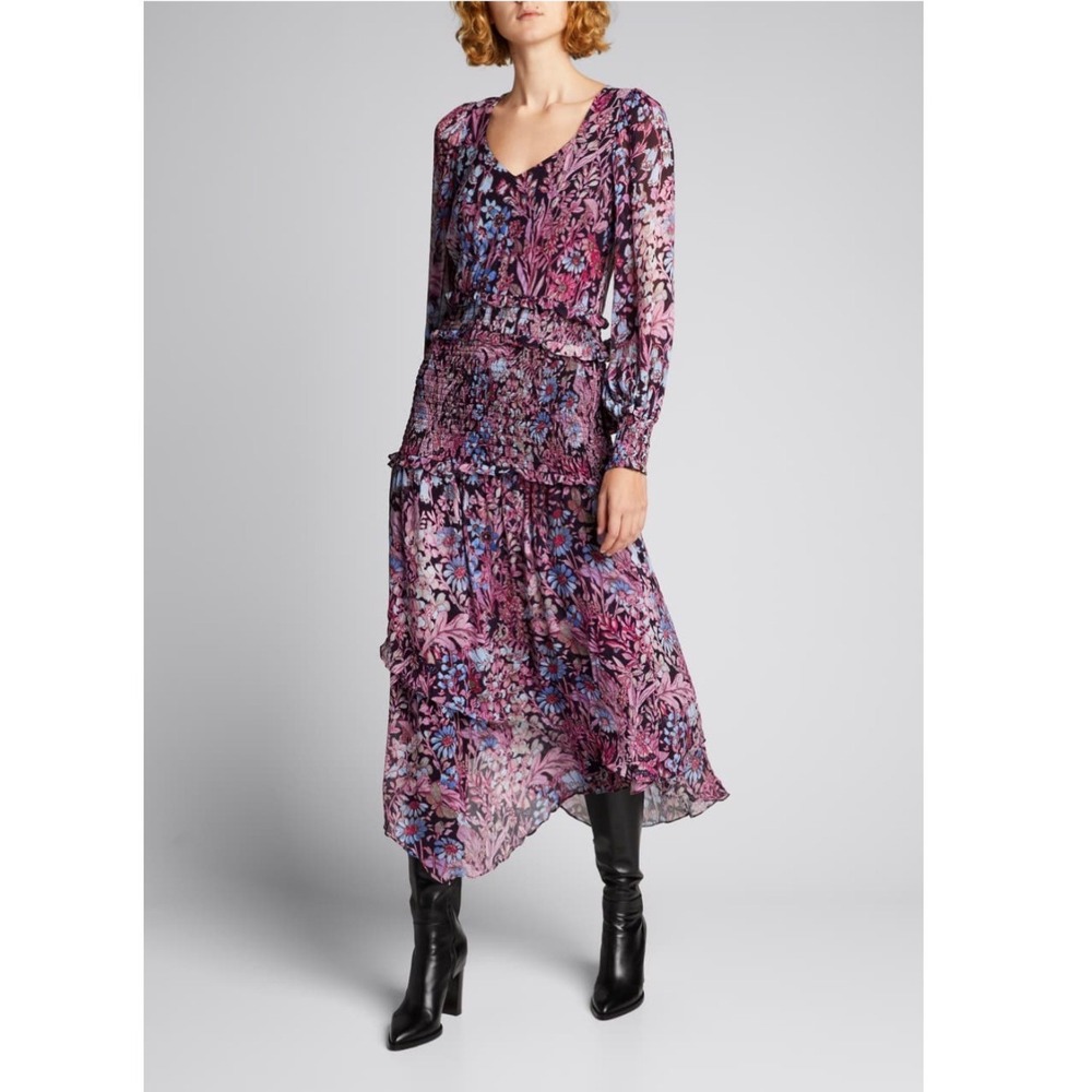 LoveShackFancy Carrillo chiffon- georgette floral print midi dress S purple blue